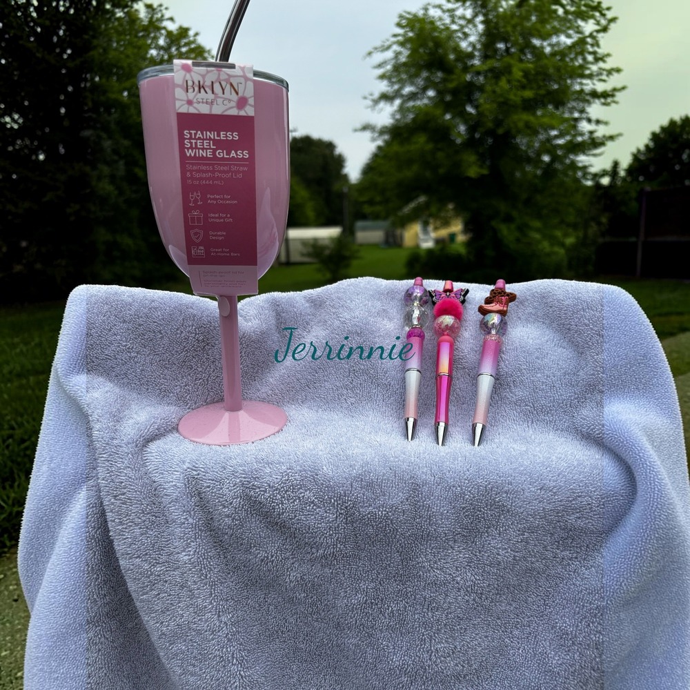 BKLYN Steel‎ Co Pink Stainless Steel Wine Glass-Beaded Pen Gift Set Bundle